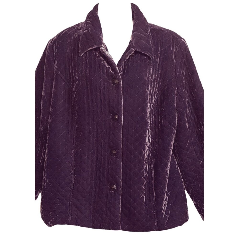 Vintage Womens Quilted Velour Jacket 18W Purple Button Front Lined